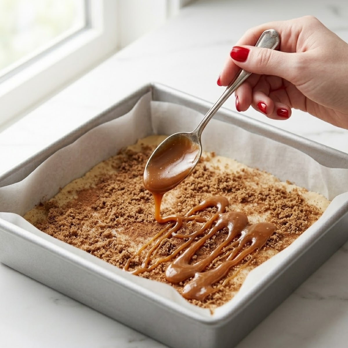 Close-up view of a young woman's hand with classic red nails using a spoon to heavily drizzle salted caramel sauce over a layer of dark brown sugar and cinnamon inside a parchment-lined baking pan.