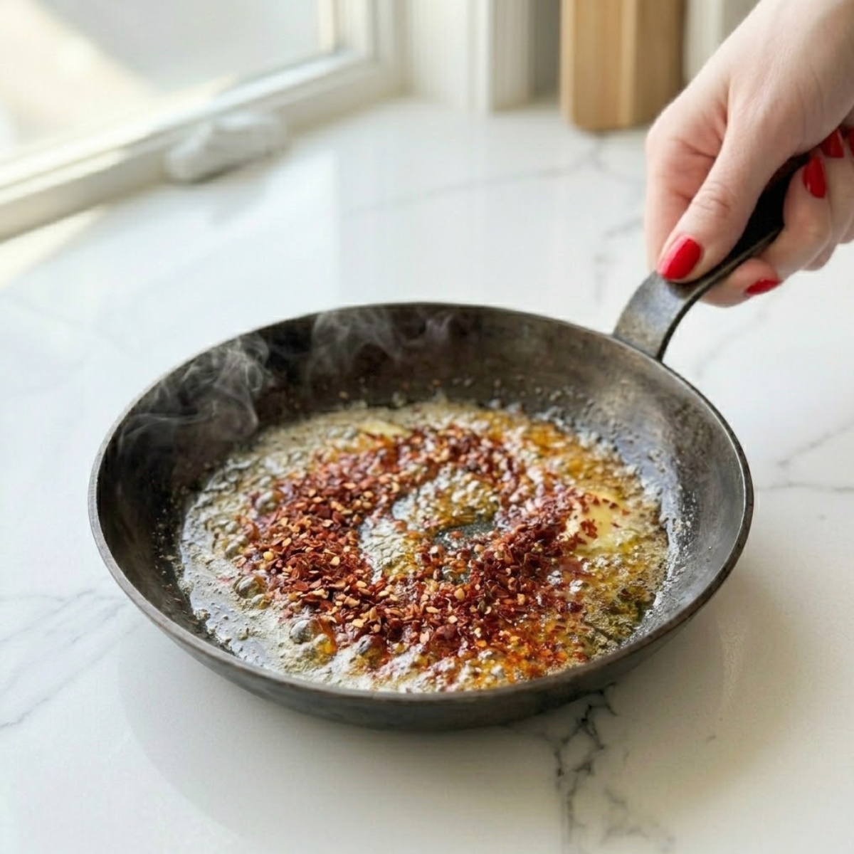 Extreme close-up view of finished Turkish Eggs in a rustic bowl. A young woman's hand with classic red nails is generously drizzling warm, bright red spiced Aleppo butter over two soft poached eggs resting on a bed of thick garlic yogurt, garnished with fresh dill and mint.