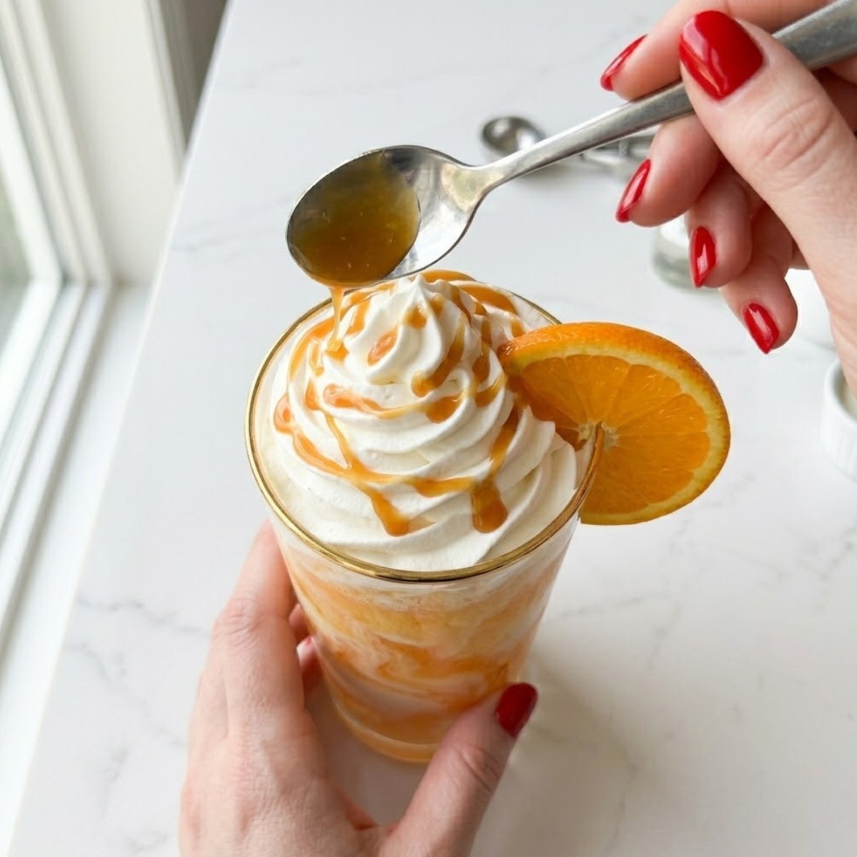 Extreme close-up view of a swirled orange creamsicle float in a tall glass, garnished with an orange slice. A young woman's hand with classic red nails is drizzling golden caramel sauce over a tall mound of whipped cream.