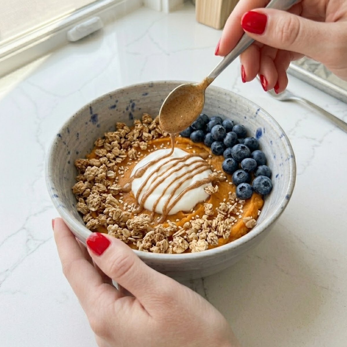 Extreme close-up view of a finished Sweet Potato Breakfast Bowl in a speckled bowl. A young woman's hand with classic red nails is using a spoon to drizzle warm almond butter in a back-and-forth pattern over the central Greek yogurt dollop.