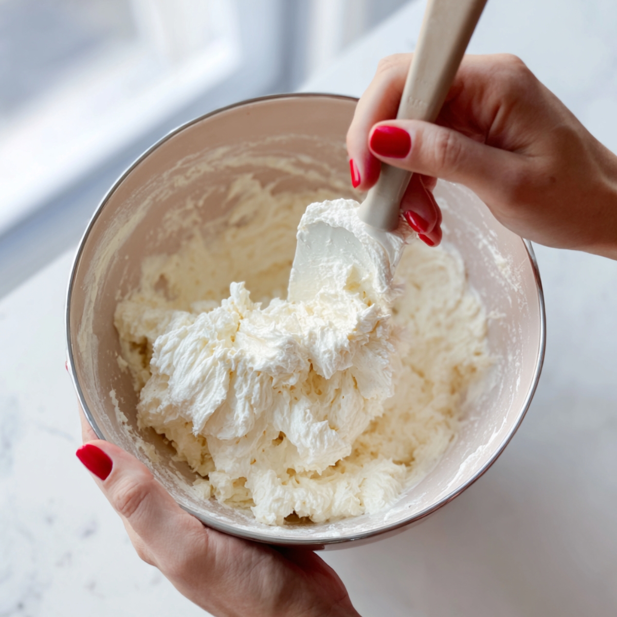 Close-up view of a young woman's hand with classic red nails using a rubber spatula to gently fold fluffy whipped cream into a smooth cream cheese filling inside a mixing bowl.