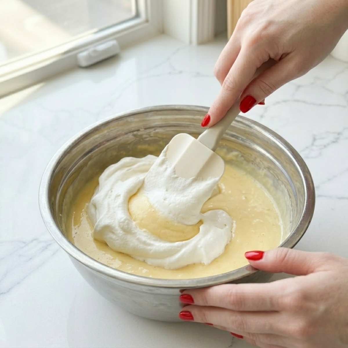 Close-up view of a young woman's hand with classic red nails using a rubber spatula to gently fold fluffy whipped cream into a cooled custard base inside a large mixing bowl on a white marble counter.