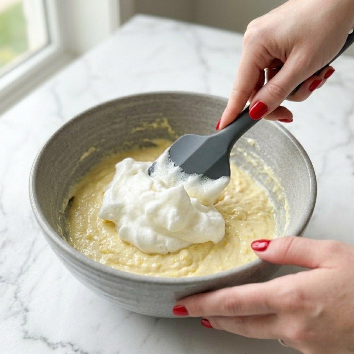 Close-up view of a young woman's hand with classic red nails using a rubber spatula to gently fold stiff, whipped egg whites into a lemon ricotta pancake batter.