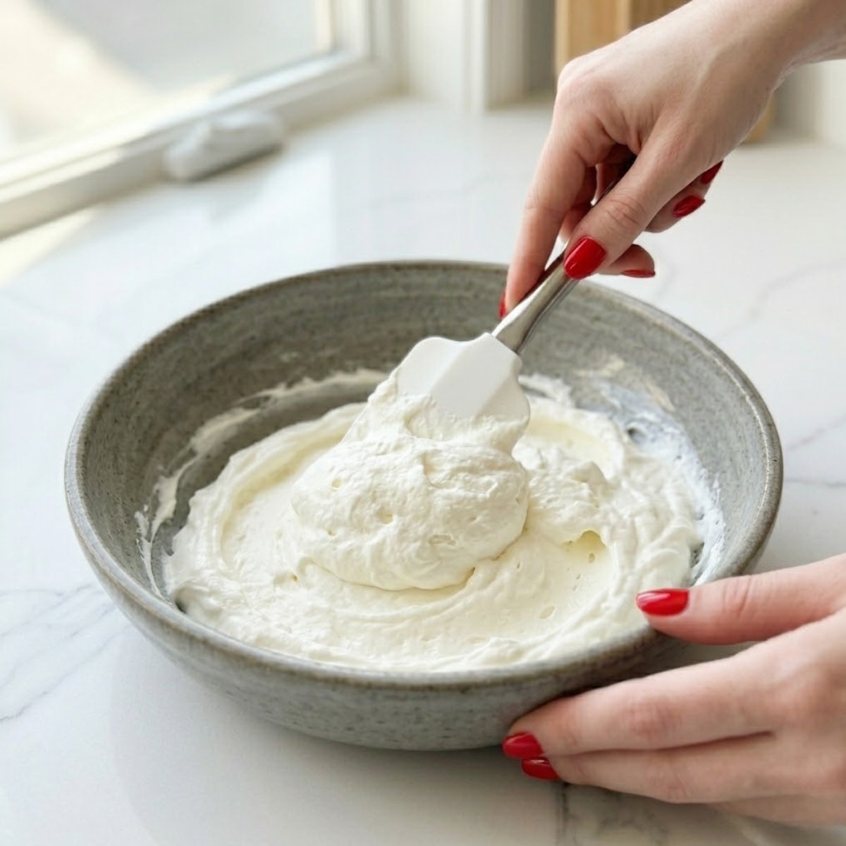 Close-up view of a young woman's hand with classic red nails using a rubber spatula to gently fold whipped cream into a smooth, snowy white cream cheese mixture inside a mixing bowl on a white marble counter.