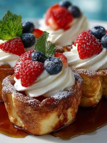 Golden baked French toast cups filled with swirled whipped cream and topped with fresh strawberries and blueberries, dusted with powdered sugar, served in a pool of maple syrup on a white plate with a mint garnish.