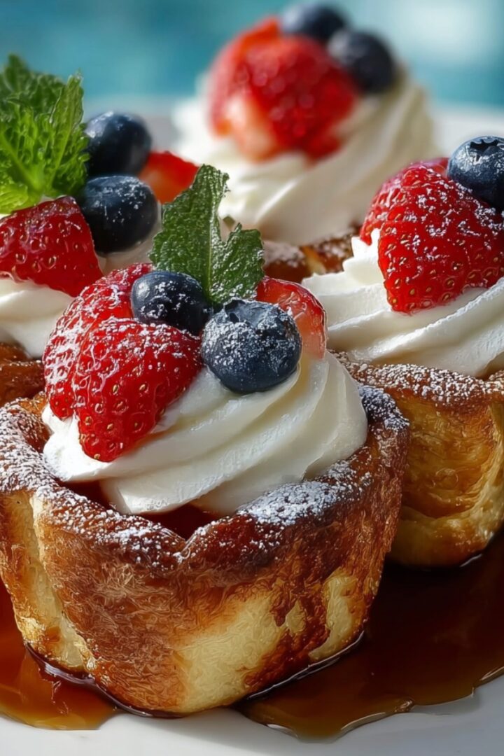 Golden baked French toast cups filled with swirled whipped cream and topped with fresh strawberries and blueberries, dusted with powdered sugar, served in a pool of maple syrup on a white plate with a mint garnish.