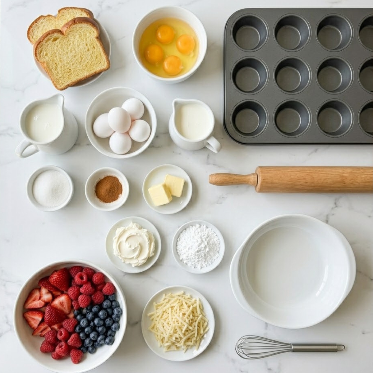 Organized overhead flat lay of raw ingredients for French Toast Cups, including thick bread slices, eggs, milk, cream cheese, cinnamon, and fresh berries, arranged on a white marble counter in natural light. No hands are visible.