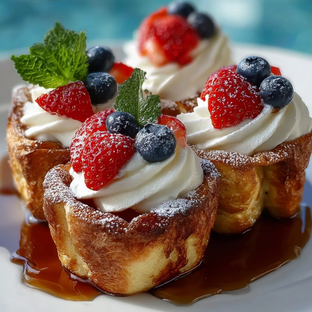 Golden baked French toast cups filled with swirled whipped cream and topped with fresh strawberries and blueberries, dusted with powdered sugar, served in a pool of maple syrup on a white plate with a mint garnish.
