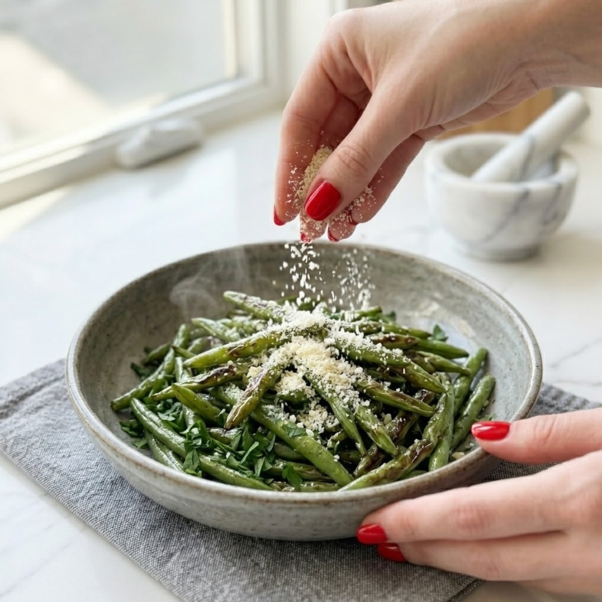 Extreme close-up view of finished roasted green beans in a rustic grey bowl. A young woman's hand with classic red nails is sprinkling a heavy dusting of grated parmesan cheese over the hot, parsley-garnished beans.