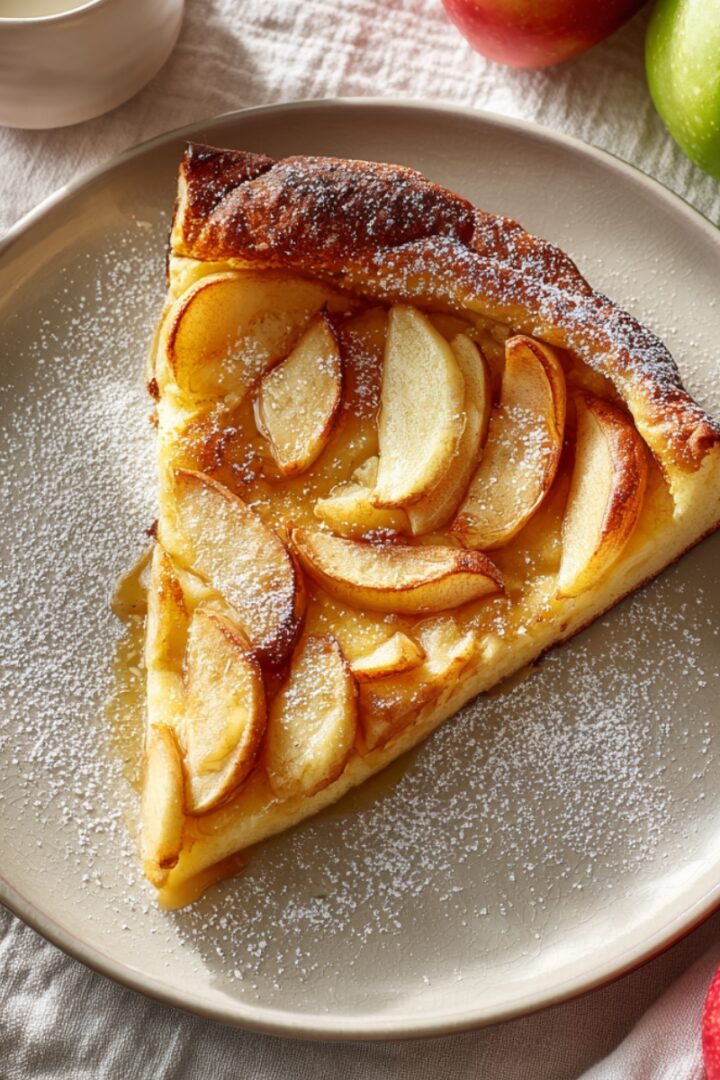 A slice of German apple pancake on a white plate, topped with caramelized apple slices and dusted with powdered sugar, surrounded by fresh red and green apples on a linen cloth.