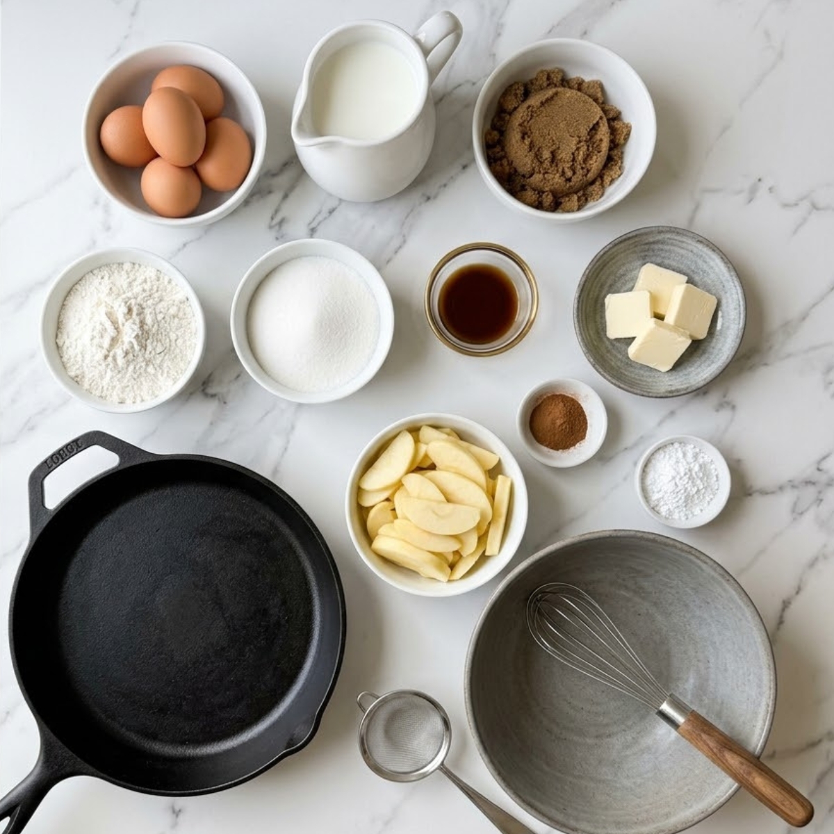 Organized overhead flat lay of raw ingredients for a German Apple Pancake, including eggs, milk, sliced apples, brown sugar, and a cast iron skillet, arranged on a white marble counter in natural light. No hands are visible.