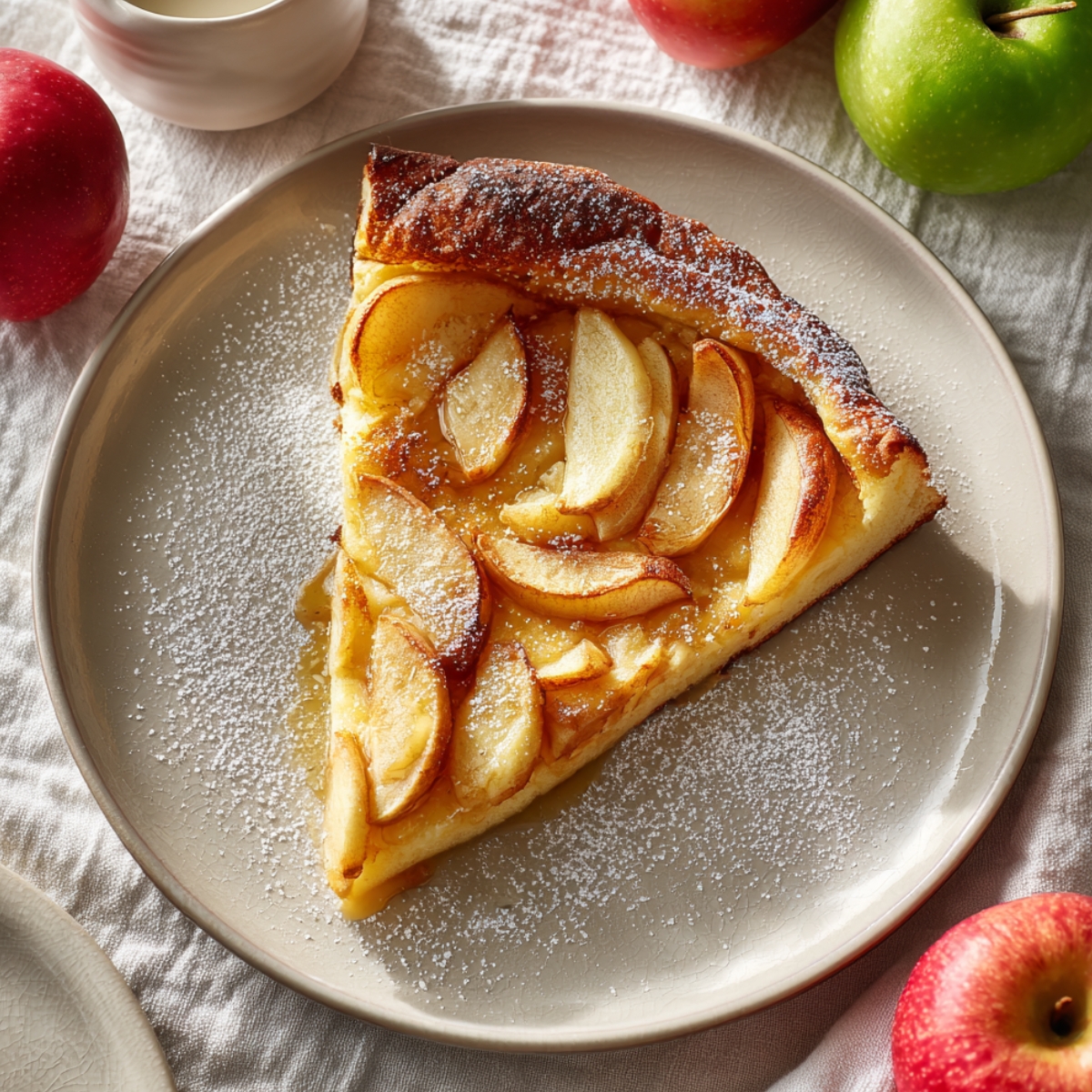 A slice of German apple pancake on a white plate, topped with caramelized apple slices and dusted with powdered sugar, surrounded by fresh red and green apples on a linen cloth.