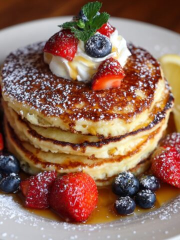 A stack of golden Lemon Ricotta Protein Pancakes dusted with powdered sugar, topped with whipped cream, fresh strawberries, and a blueberry, surrounded by mixed berries, maple syrup, and a lemon slice.
