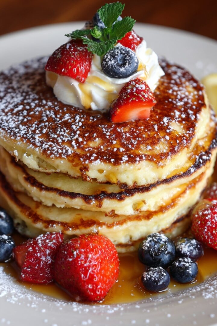 A stack of golden Lemon Ricotta Protein Pancakes dusted with powdered sugar, topped with whipped cream, fresh strawberries, and a blueberry, surrounded by mixed berries, maple syrup, and a lemon slice.