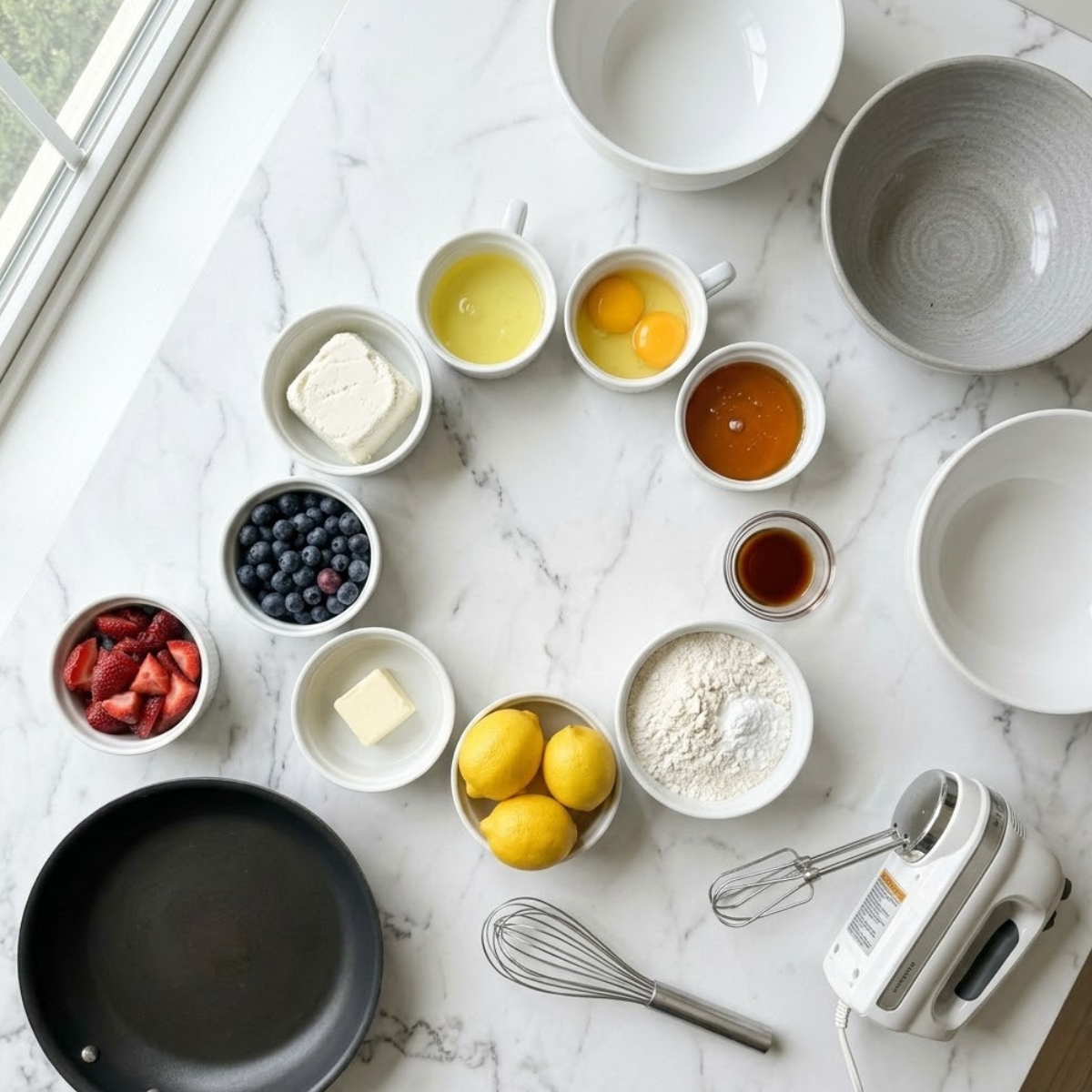 Organized overhead flat lay of raw ingredients for Lemon Ricotta Pancakes, including ricotta, eggs, lemons, flour, and fresh berries, arranged on a white marble counter in natural light. No hands are visible.