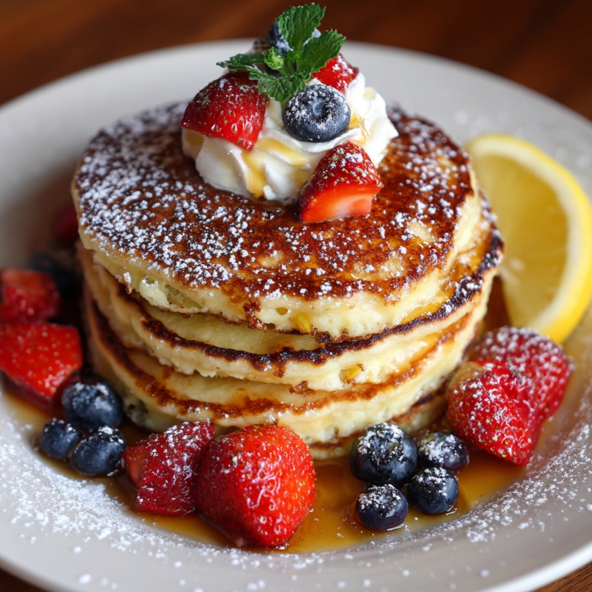 A stack of golden Lemon Ricotta Protein Pancakes dusted with powdered sugar, topped with whipped cream, fresh strawberries, and a blueberry, surrounded by mixed berries, maple syrup, and a lemon slice.