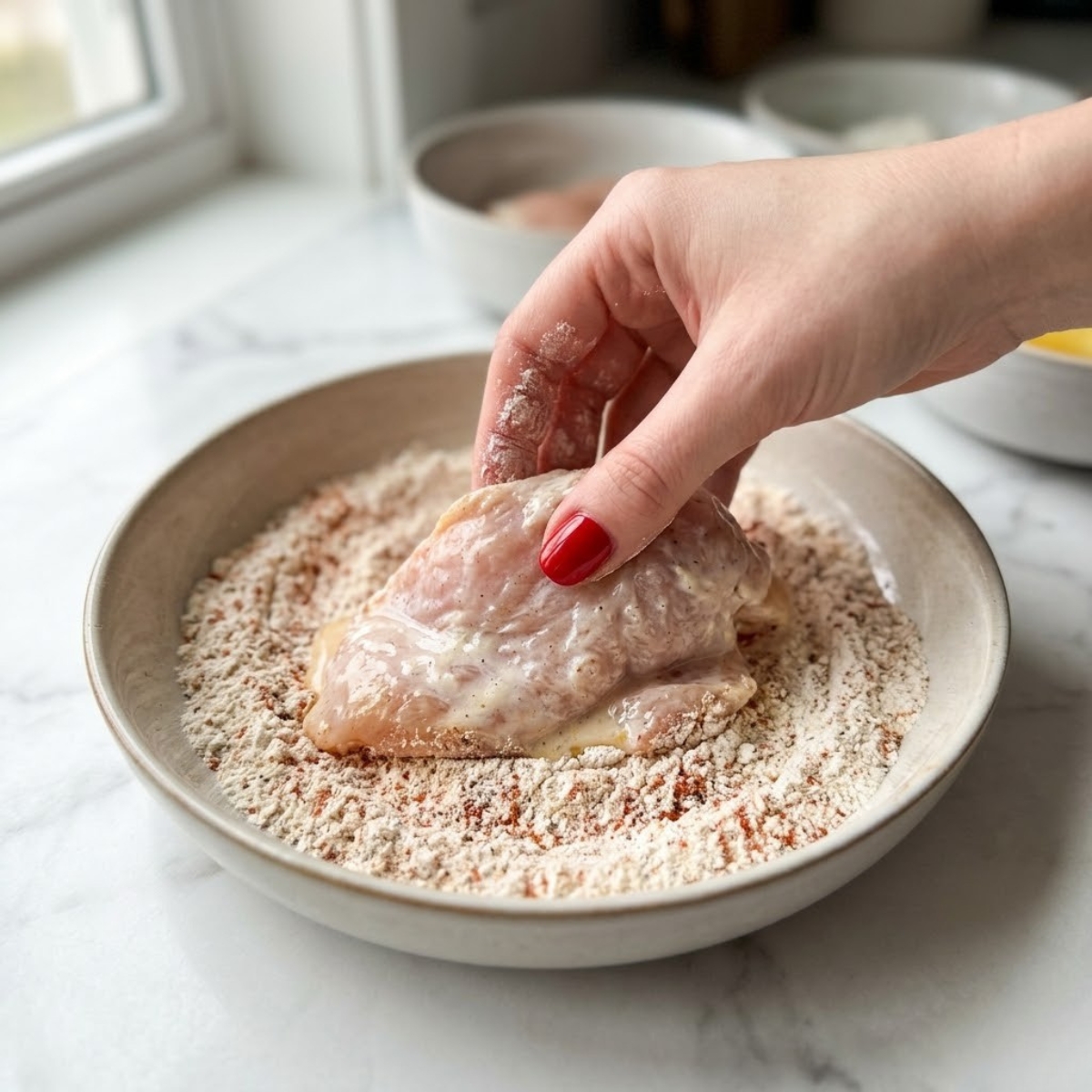 Organized overhead flat lay of raw ingredients for honey pepper chicken mac and cheese, including buttermilk, flour, spices, honey, butter, milk, shredded cheeses, and parsley, arranged in bowls on a white marble counter in natural light. No hands are visible.