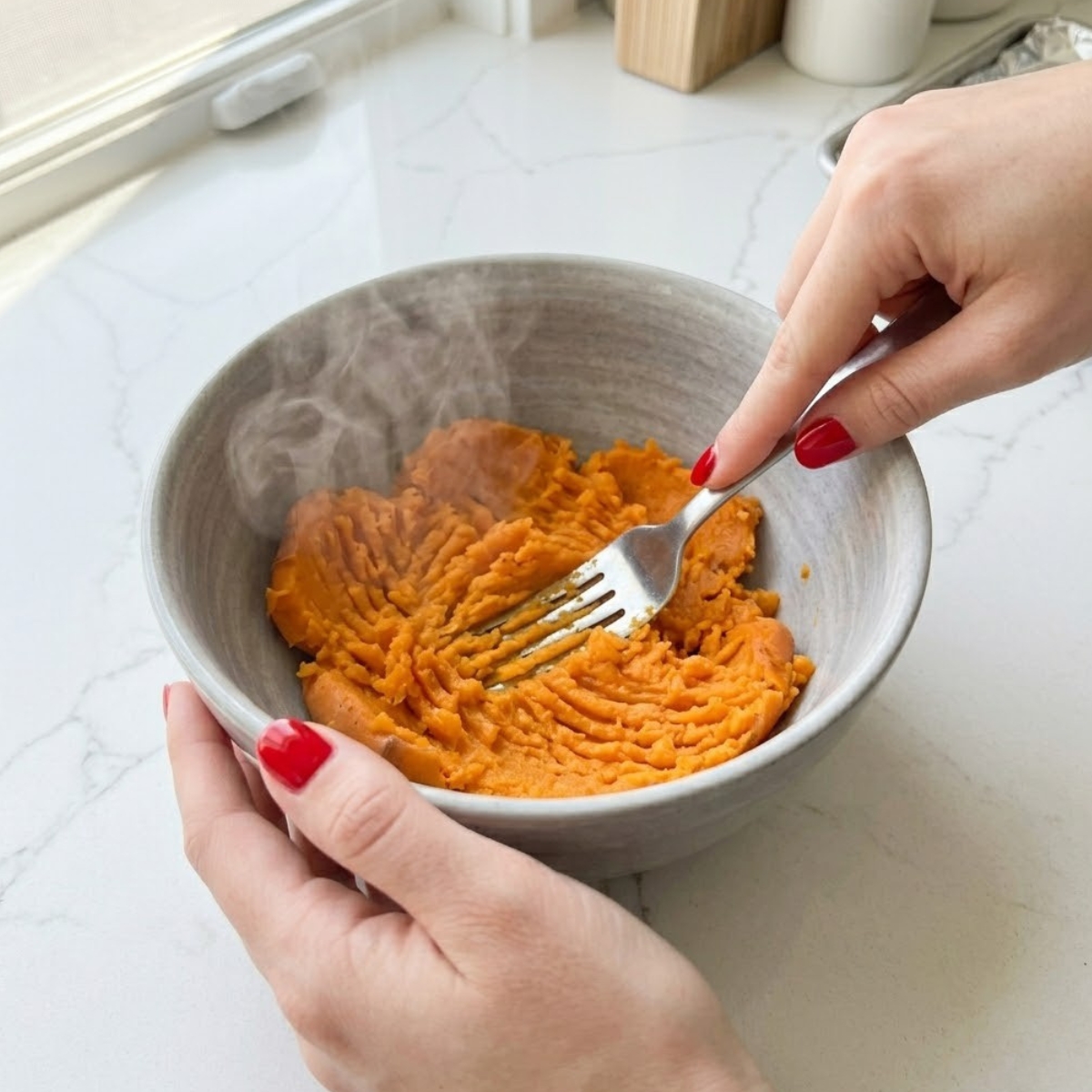 Close-up view of a young woman's hand with classic red nails using a fork to mash hot, steaming bright orange baked sweet potato flesh into a smooth puree inside a mixing bowl.
