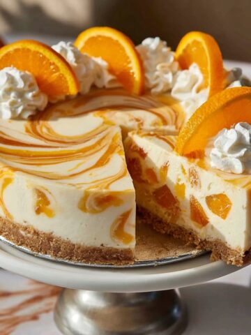 A no-bake orange creamsicle cheesecake on a white pedestal cake stand, with a golden graham cracker crust and creamy white filling swirled with orange curd, topped with whipped cream rosettes and orange slices, with a slice removed revealing the orange swirl interior.