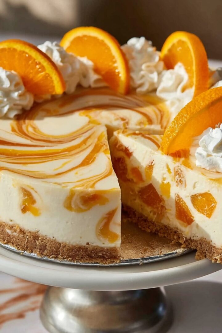 A no-bake orange creamsicle cheesecake on a white pedestal cake stand, with a golden graham cracker crust and creamy white filling swirled with orange curd, topped with whipped cream rosettes and orange slices, with a slice removed revealing the orange swirl interior.