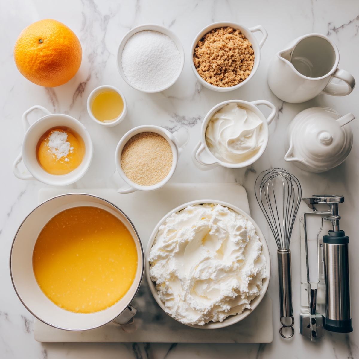 Organized overhead flat lay of raw ingredients for Orange Creamsicle Cheesecake, including graham cracker crumbs, cream cheese, orange curd, heavy cream, and fresh oranges, arranged on a white marble counter in natural light. No hands are visible.