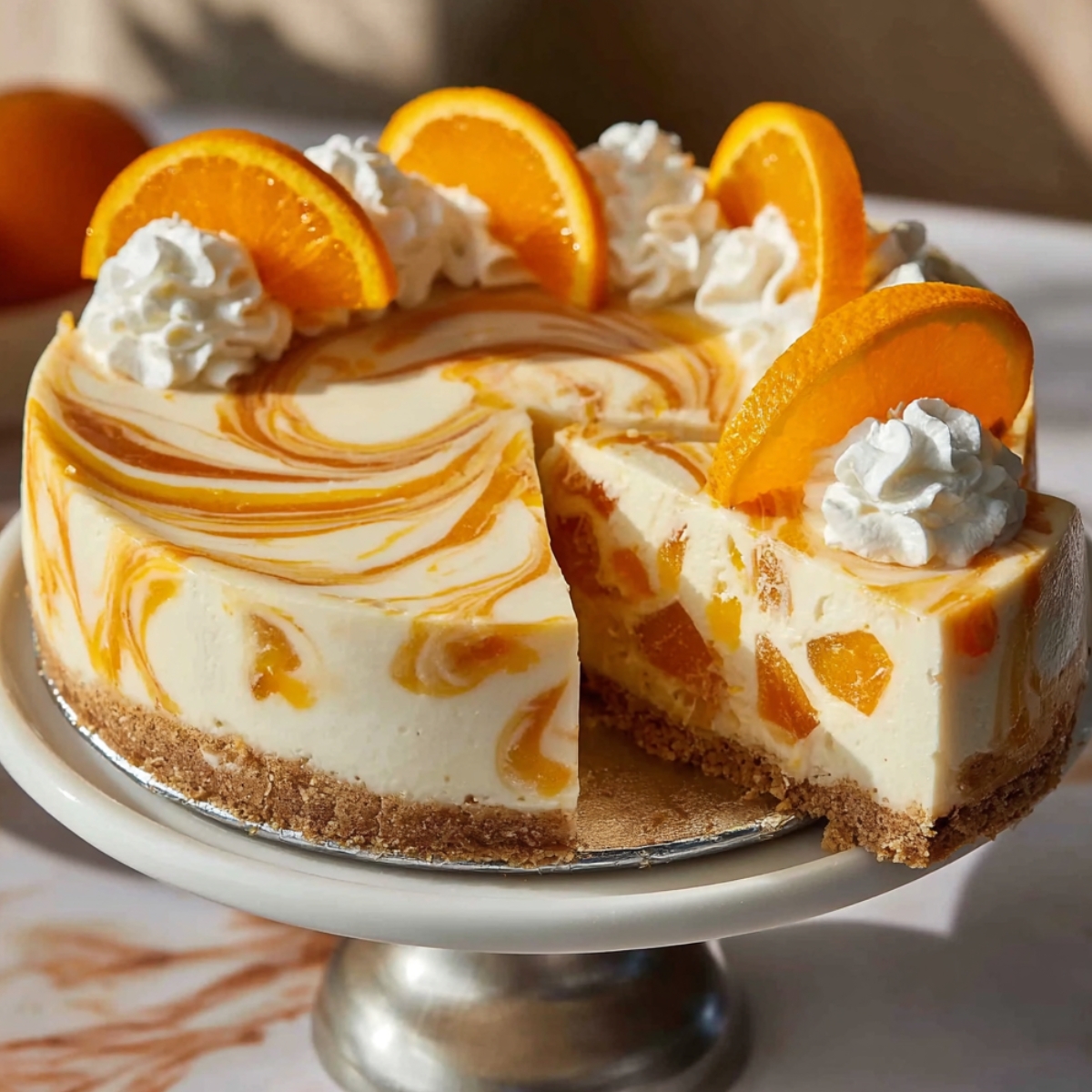 A no-bake orange creamsicle cheesecake on a white pedestal cake stand, with a golden graham cracker crust and creamy white filling swirled with orange curd, topped with whipped cream rosettes and orange slices, with a slice removed revealing the orange swirl interior.