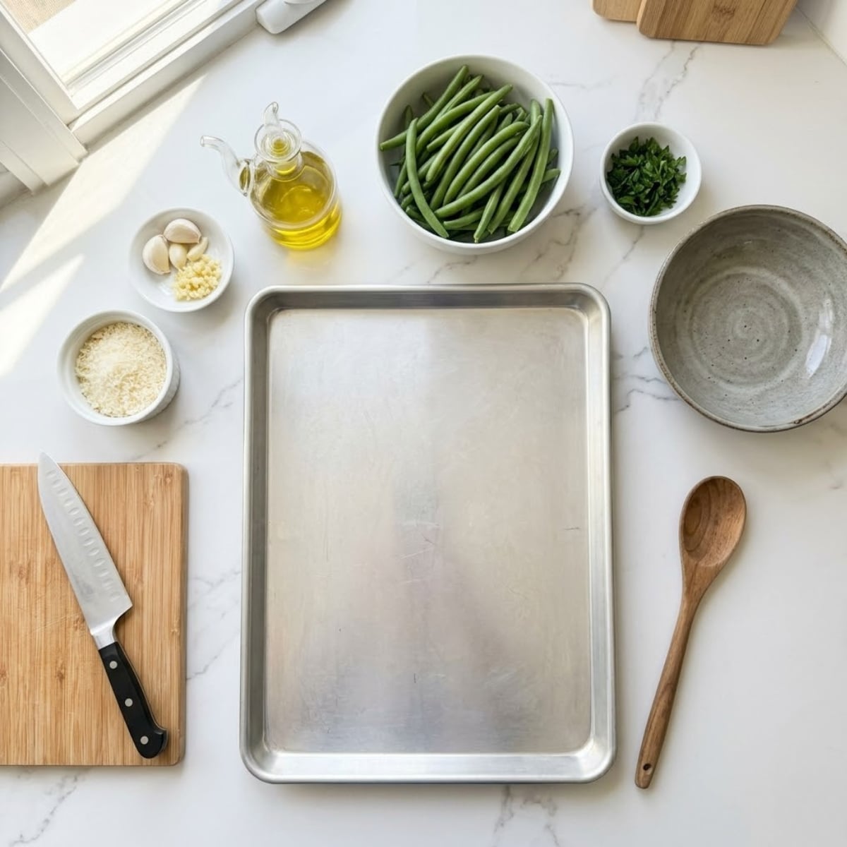 Organized overhead flat lay of raw ingredients for Oven Roasted Green Beans, including fresh green beans, olive oil, garlic, parmesan, and parsley, arranged on a white marble counter in natural light. No hands are visible.