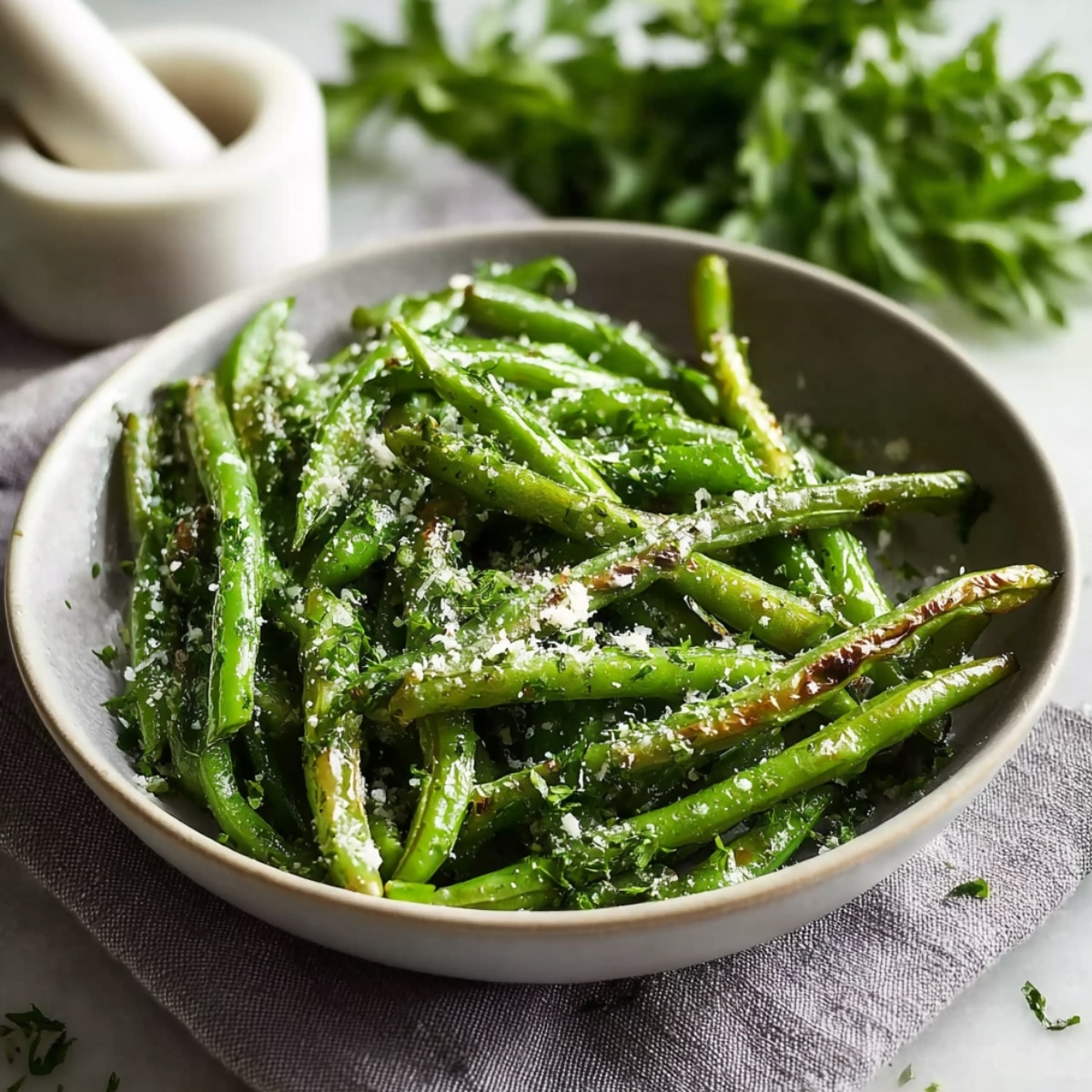 A ceramic bowl of oven roasted green beans with slightly charred edges, sprinkled with grated Parmesan cheese and fresh herbs, with a white mortar and pestle and fresh herbs in the background.