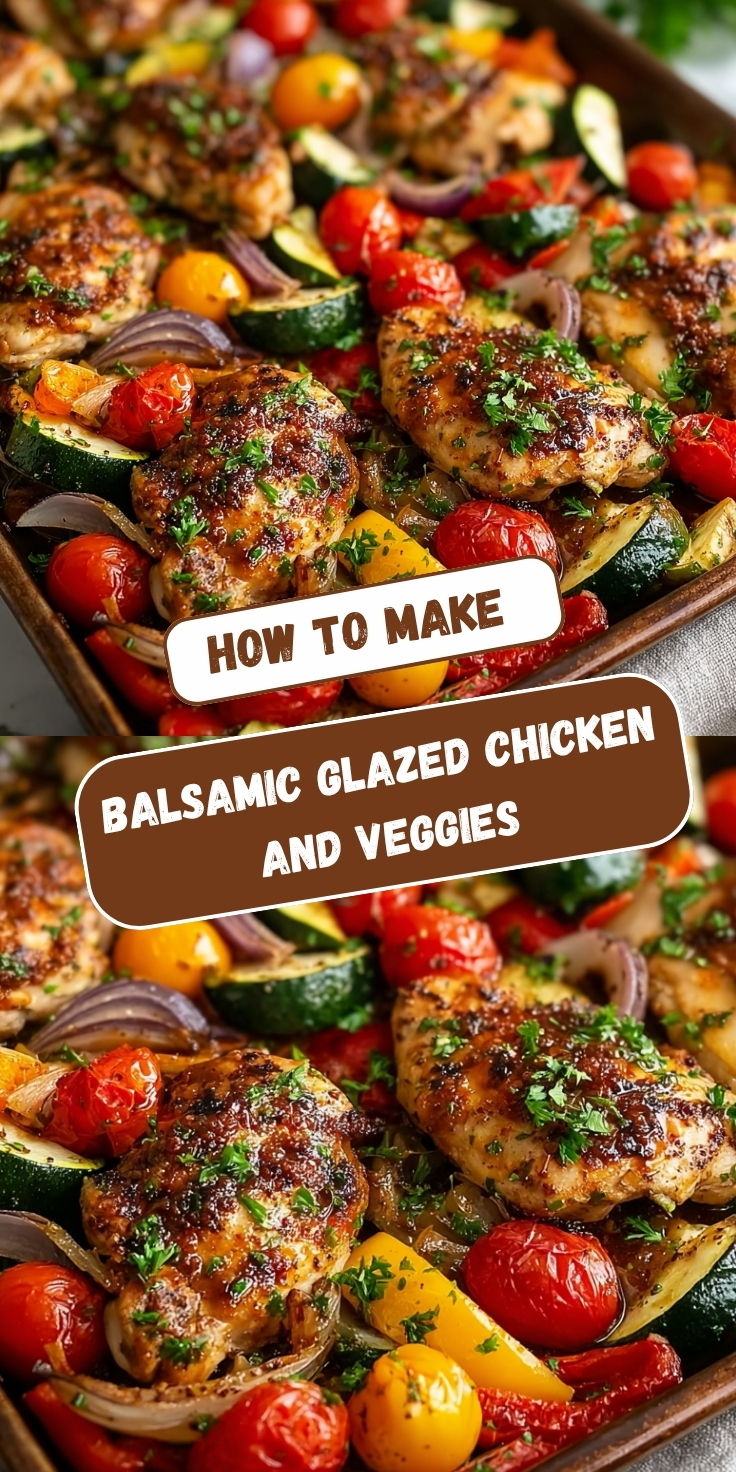 A Pinterest graphic showing a sheet pan of balsamic glazed chicken thighs roasted with colorful cherry tomatoes, zucchini, bell peppers, and red onion, garnished with fresh parsley, displayed in two angles with text overlay reading "How To Make Balsamic Glazed Chicken and Veggies."