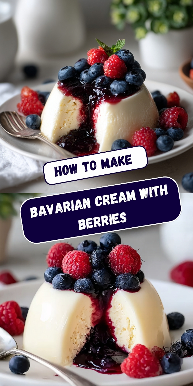 A Pinterest graphic showing a domed Bavarian cream unmolded on a white plate, topped with berry compote and fresh blueberries and raspberries, displayed in two angles including a sliced view revealing the creamy interior, with text overlay reading "How To Make Bavarian Cream with Berries."