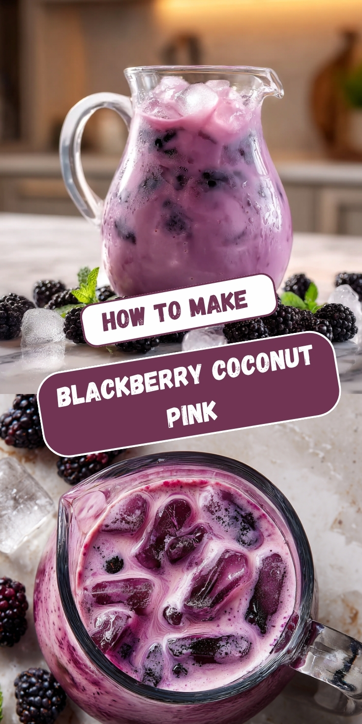A Pinterest graphic showing a blackberry coconut pink drink in a glass pitcher with a soft purple hue and blackberries floating throughout, displayed in a side view and overhead angle showing ice cubes, surrounded by fresh blackberries and mint on a marble surface, with text overlay reading "How To Make Blackberry Coconut Pink."