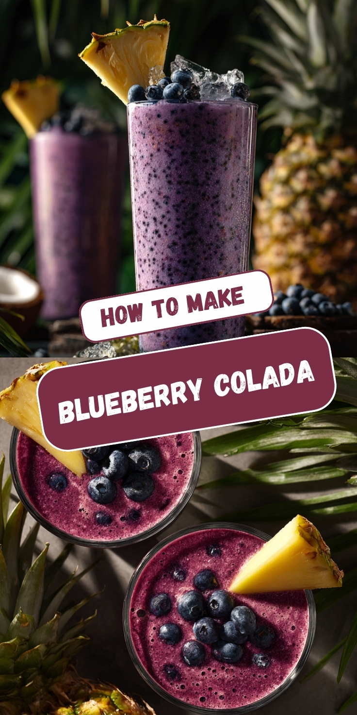 A Pinterest graphic showing blueberry colada drinks with a vibrant purple blended base, topped with fresh blueberries and pineapple wedges, displayed in a tall glass side view and two overhead views with tropical foliage in the background and text overlay reading "How To Make Blueberry Colada."