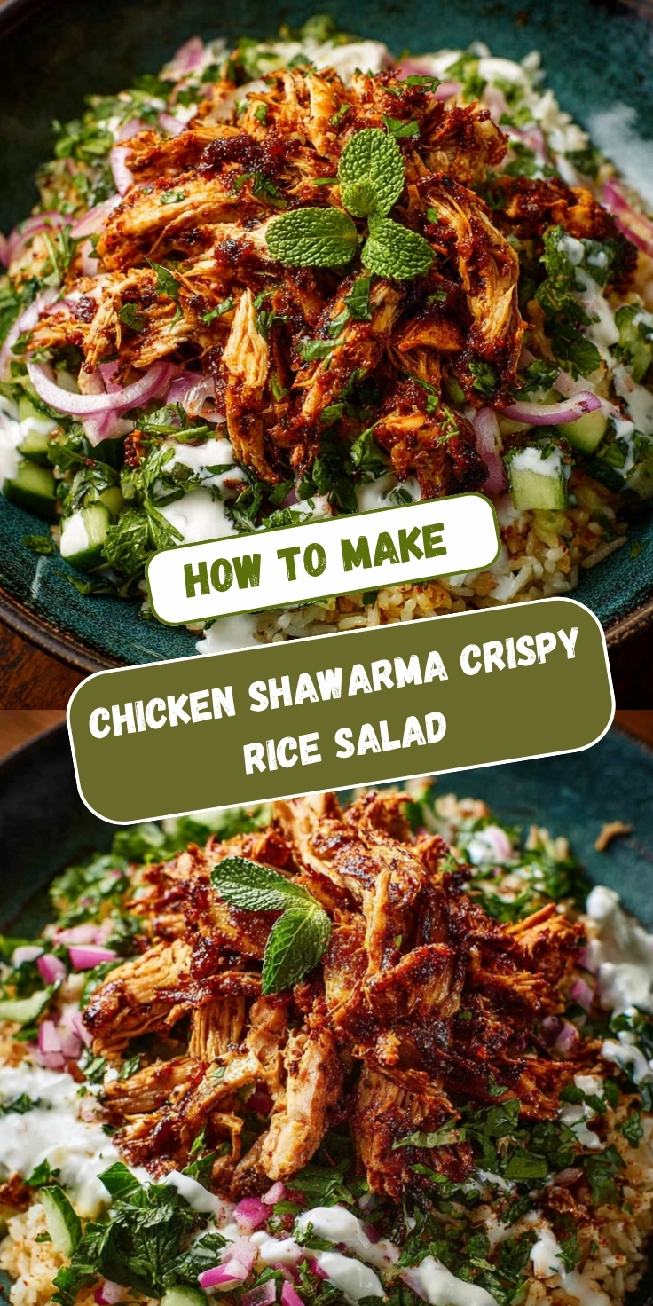 A Pinterest graphic showing chicken shawarma crispy rice salad in a teal bowl with spiced shredded chicken over crispy rice, cucumber, red onion, fresh herbs, and yogurt sauce, displayed in two angles with text overlay reading "How To Make Chicken Shawarma Crispy Rice Salad."