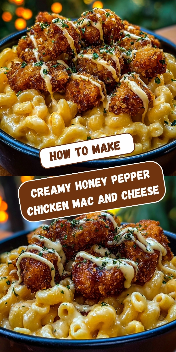 A Pinterest graphic showing creamy honey pepper chicken mac and cheese with crispy breaded chicken pieces over creamy macaroni, drizzled with white sauce and garnished with parsley, displayed in two angles with warm bokeh lights in the background and text overlay reading "How To Make Creamy Honey Pepper Chicken Mac and Cheese."