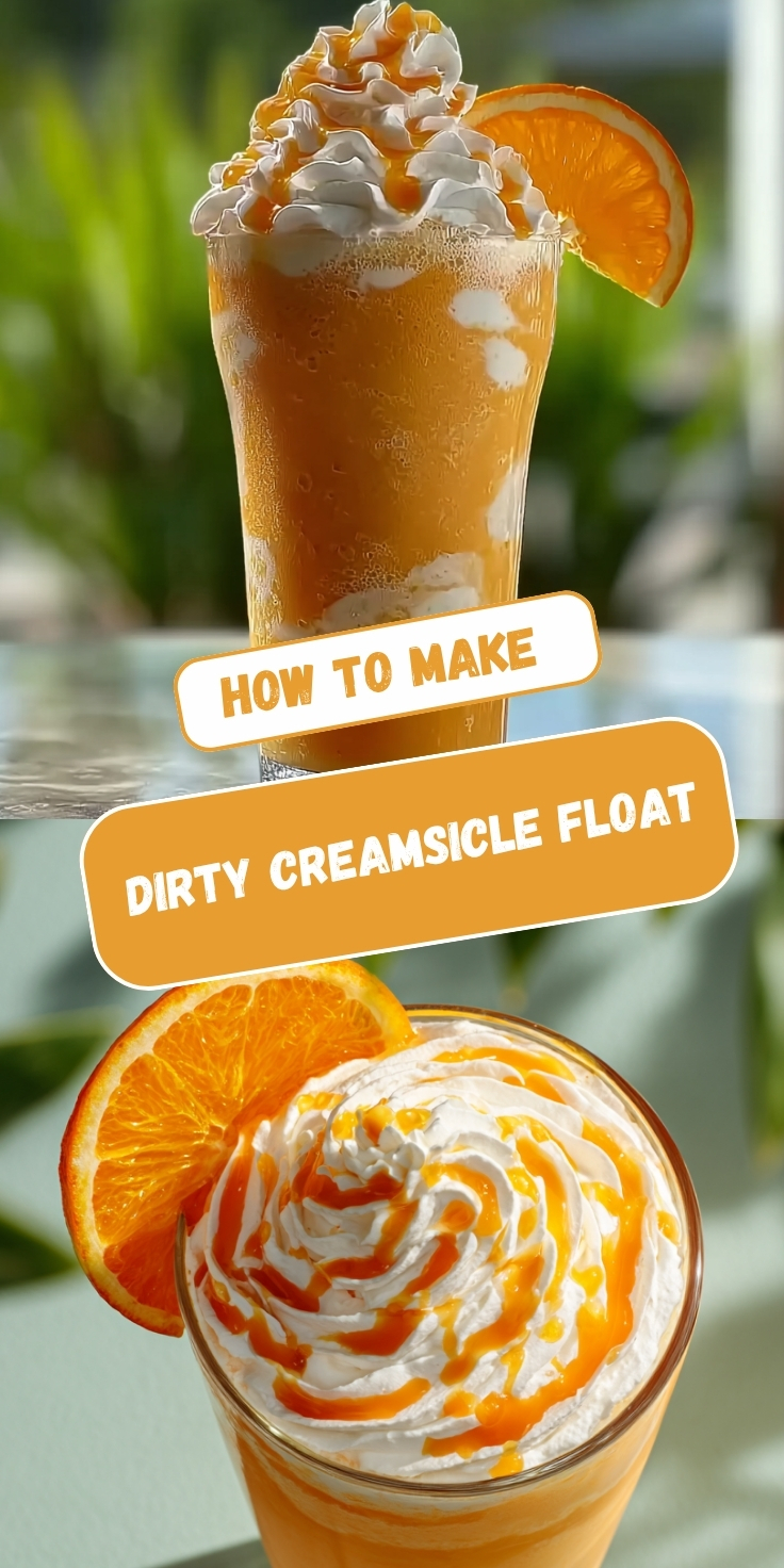 Two glasses of Dirty Creamsicle Float topped with whipped cream, orange caramel drizzle, and a fresh orange slice garnish.