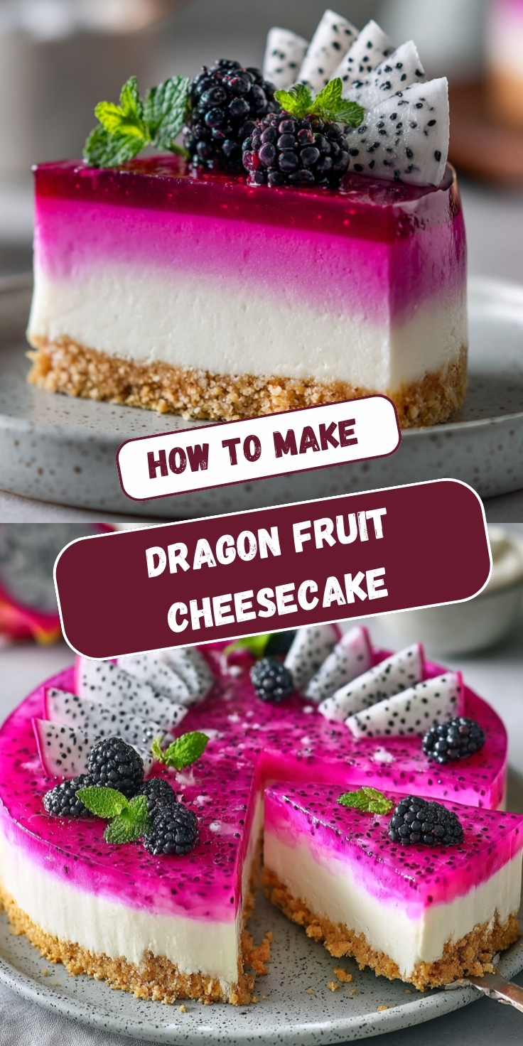 A Pinterest graphic showing a dragon fruit cheesecake with a graham cracker crust, creamy white cheesecake layer, and vibrant magenta dragon fruit topping, garnished with dragon fruit wedges, blackberries, and mint, displayed in a single slice and whole cake view with text overlay reading "How To Make Dragon Fruit Cheesecake."