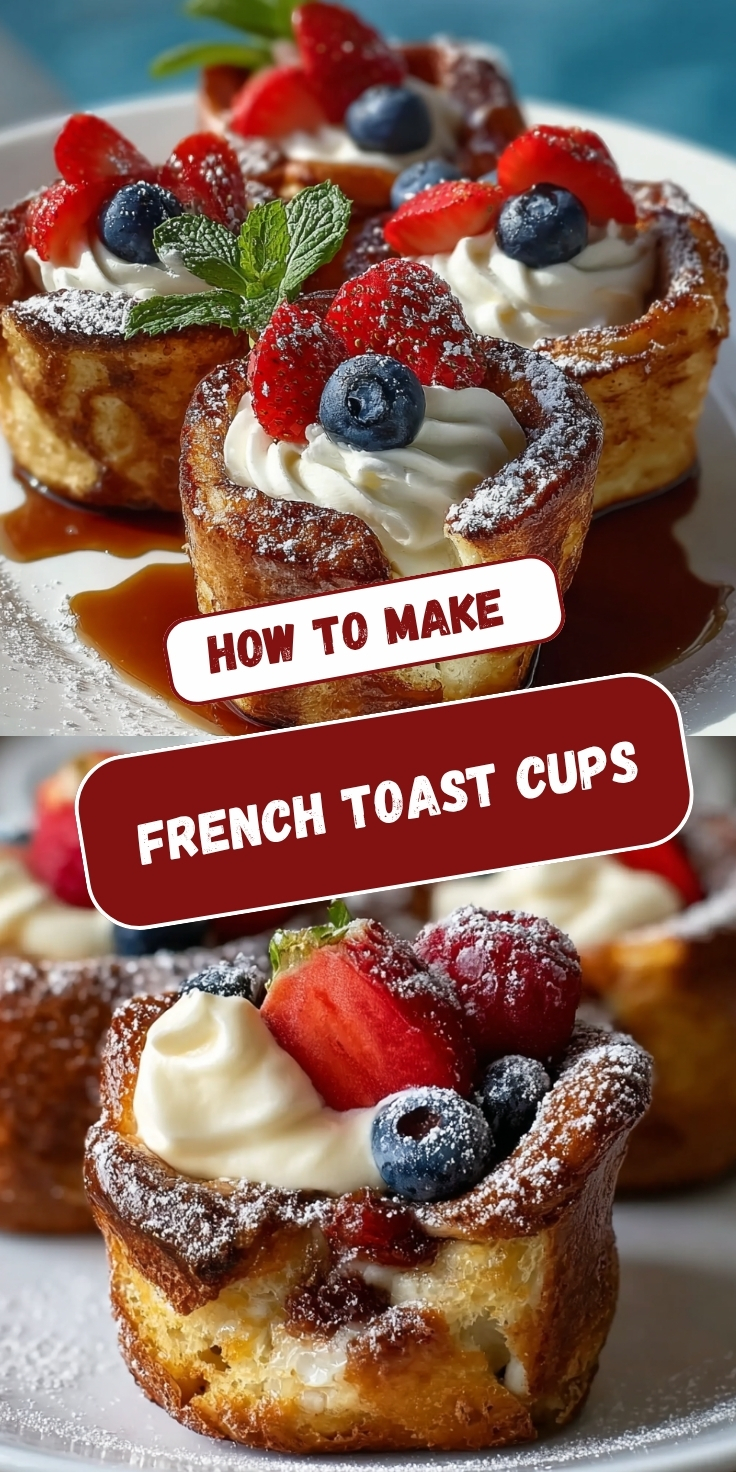 A Pinterest graphic showing golden baked French toast cups filled with whipped cream, topped with fresh strawberries and blueberries, dusted with powdered sugar and drizzled with maple syrup, displayed in two angles with text overlay reading "How To Make French Toast Cups."
