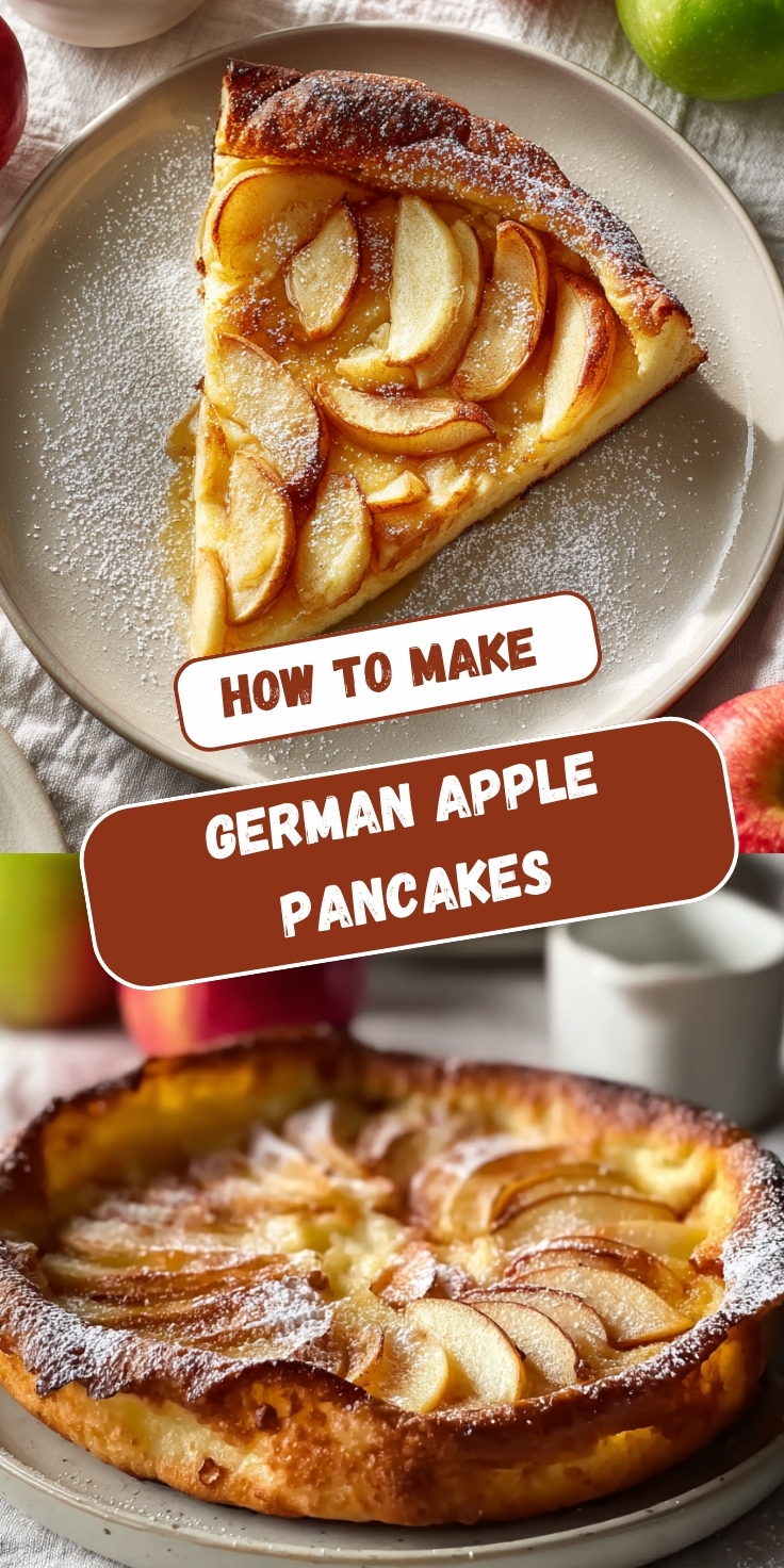 A Pinterest graphic showing a German apple pancake with caramelized apple slices and powdered sugar, displayed as a single slice on a plate and a whole pancake view, with fresh apples alongside and text overlay reading "How To Make German Apple Pancakes."
