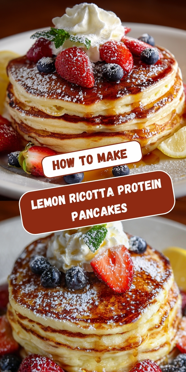 "Two views of a stack of golden Lemon Ricotta Protein Pancakes topped with whipped cream, fresh strawberries, blueberries, powdered sugar, and a lemon slice garnish."