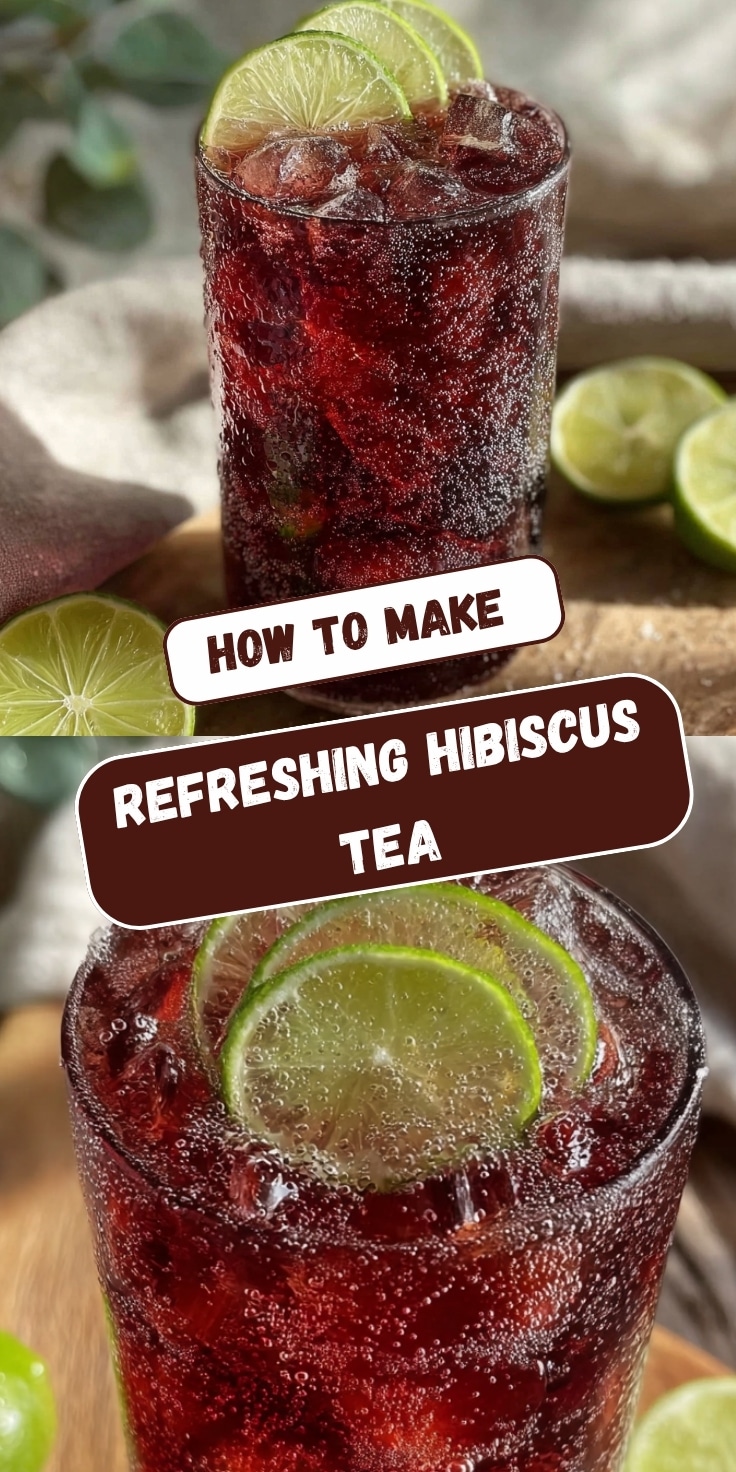 A Pinterest graphic showing deep ruby hibiscus ginger iced tea in a tall glass over ice, garnished with lime slices, displayed in a side view and close-up angle with halved limes alongside, and text overlay reading "How To Make Refreshing Hibiscus Tea.