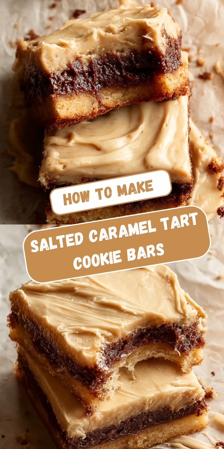 A Pinterest graphic showing salted caramel brown sugar pop tart cookie bars with a golden cookie base, dark brown sugar filling, and swirled caramel frosting, displayed in two angles on parchment paper with text overlay reading "How To Make Salted Caramel Tart Cookie Bars.