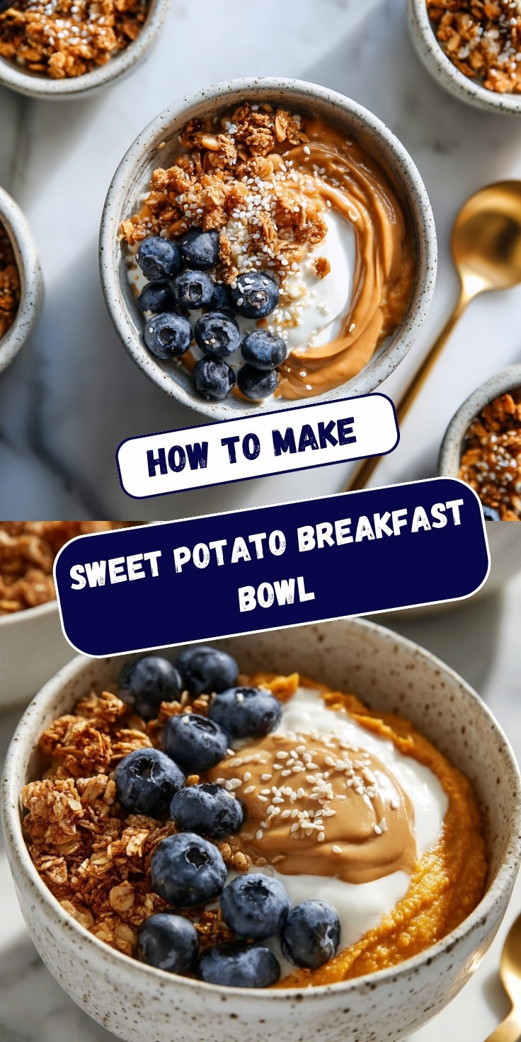 A Pinterest graphic showing sweet potato breakfast bowls with smooth orange sweet potato puree topped with yogurt, peanut butter swirl, granola, fresh blueberries, and sesame seeds, displayed in an overhead and side angle view with gold spoons alongside, and text overlay reading "How To Make Sweet Potato Breakfast Bowl."