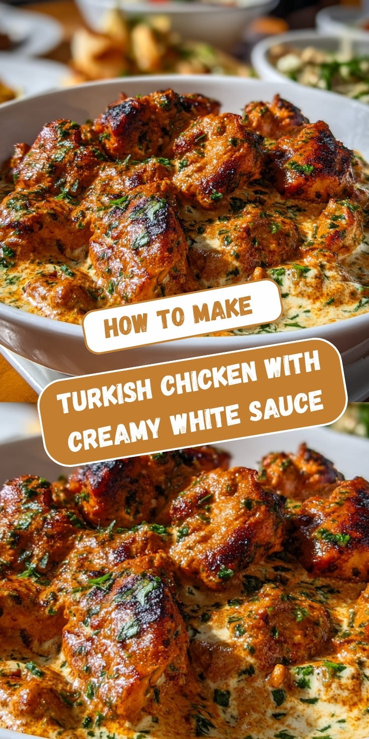 A Pinterest graphic showing Turkish chicken with charred spiced chicken pieces in a creamy herb white sauce, displayed in a wide bowl view and a close-up angle, with text overlay reading "How To Make Turkish Chicken with Creamy White Sauce."