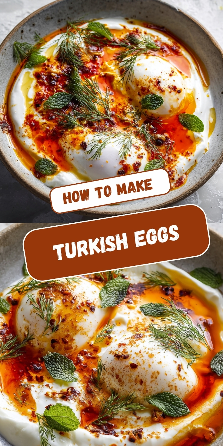 A Pinterest graphic showing Turkish eggs (çılbır) with poached eggs on creamy yogurt, drizzled with red chili butter and garnished with fresh dill and mint, displayed in two angles with text overlay reading "How To Make Turkish Eggs.
