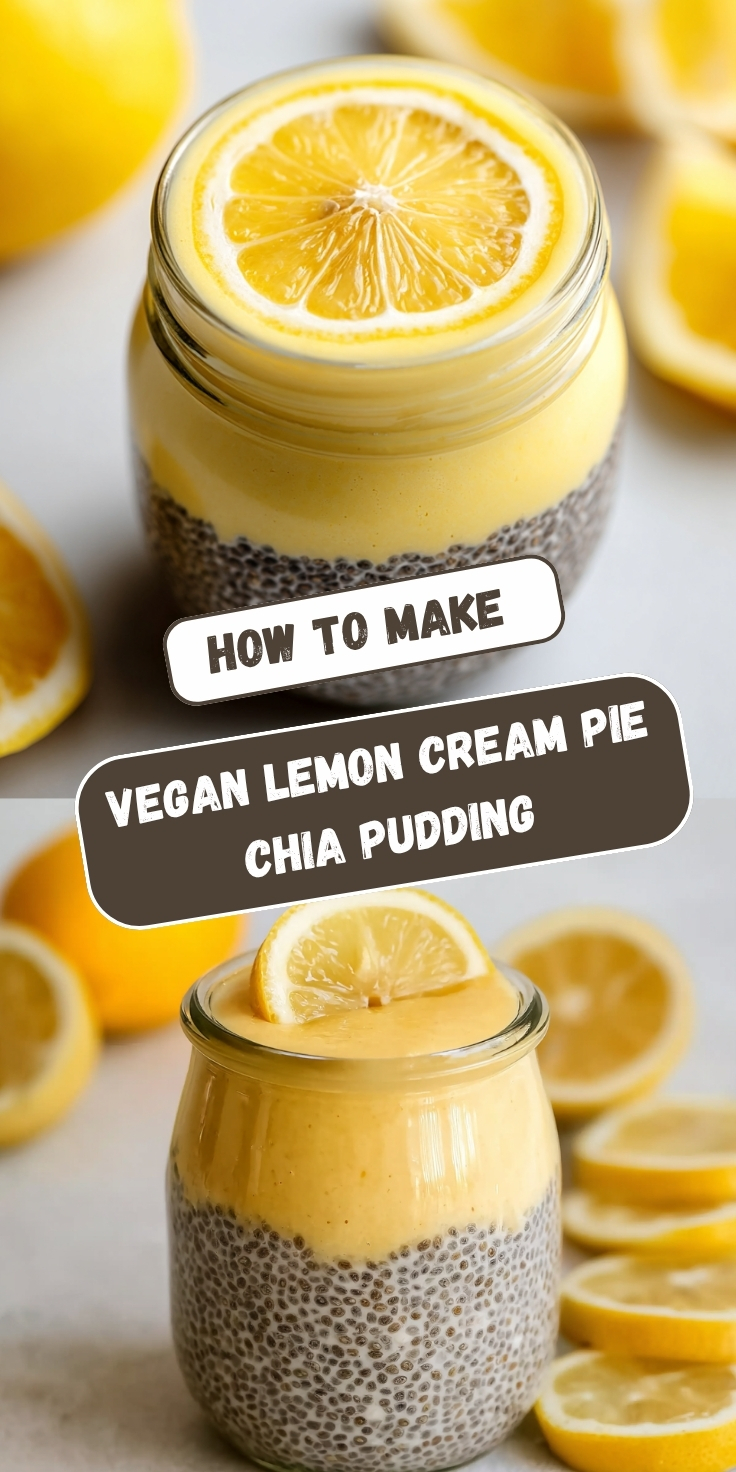 "Two views of Vegan Lemon Cream Pie Chia Pudding layered with chia pudding and creamy lemon curd in a glass jar, topped with a fresh lemon slice, surrounded by sliced lemons."