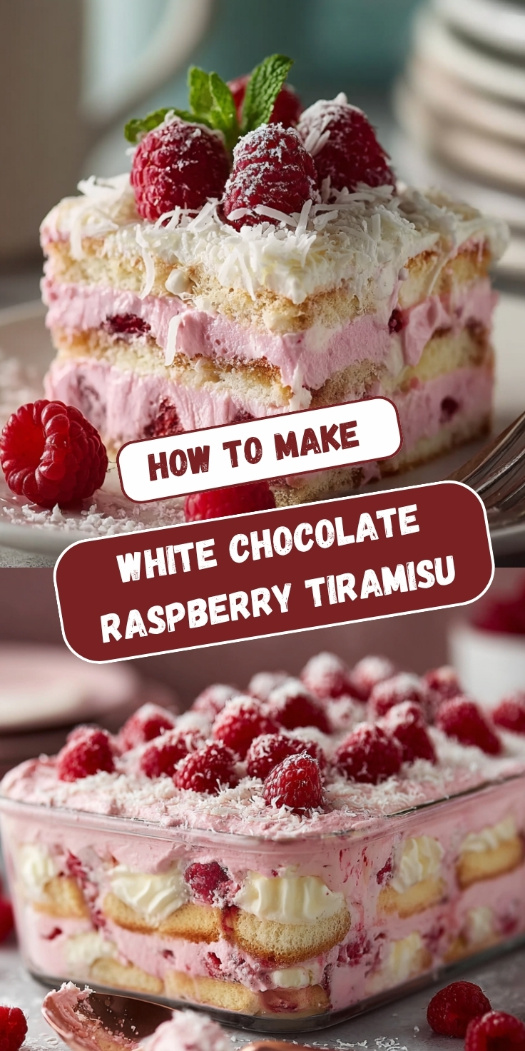 A Pinterest graphic showing white chocolate raspberry tiramisu with layers of ladyfingers and pink raspberry cream, topped with shredded coconut and fresh raspberries, displayed as a single slice and a full dish view, with text overlay reading "How To Make White Chocolate Raspberry Tiramisu."