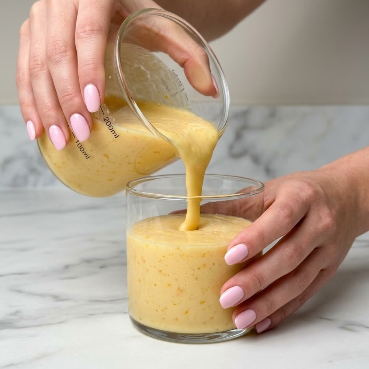 Close up view of a woman's hands with baby pink nails pouring a thick, golden orange coconut drink into a short clear tumbler glass.