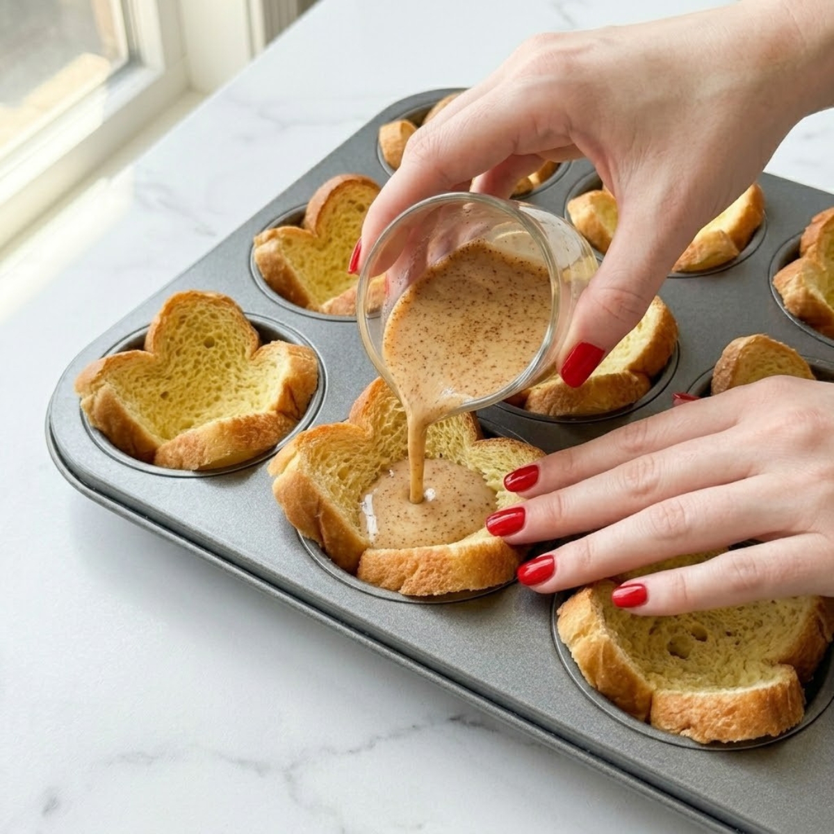 Close-up view of a young woman's hand with classic red nails pouring a cinnamon-speckled custard mixture directly into bread cups shaped inside a muffin tin.