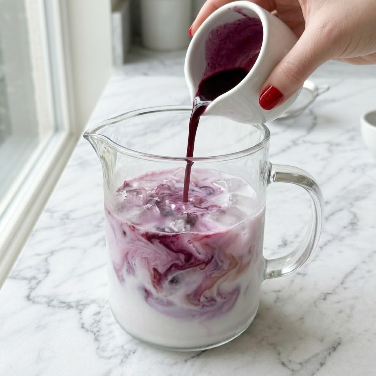 Close-up view of a young woman's hand with classic red nails pouring deep purple blackberry syrup into a glass pitcher filled with a white coconut milk base, creating swirling ribbons of lavender-pink.