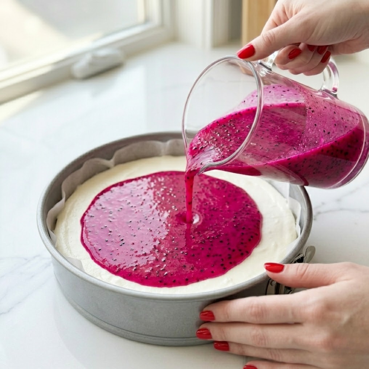 Close-up view of a young woman's hand with classic red nails pouring an electric pink, seed-speckled dragon fruit jelly mixture over a set white cheesecake layer inside a springform pan on a white marble counter.